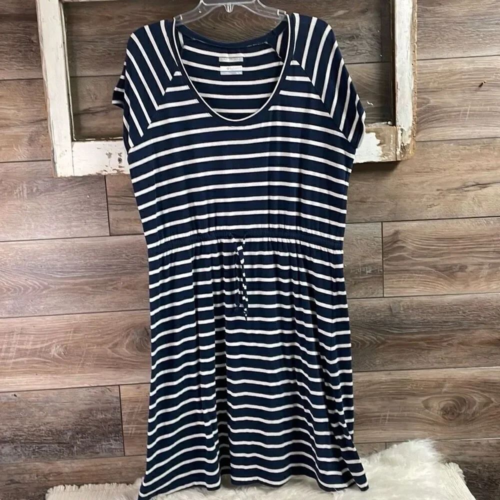 COLUMBIA Blue White Striped Nautical Drawstring Waist Omni Wick Shirt Dress Sz X